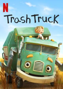 a cartoon trash truck with a small boy on top of it